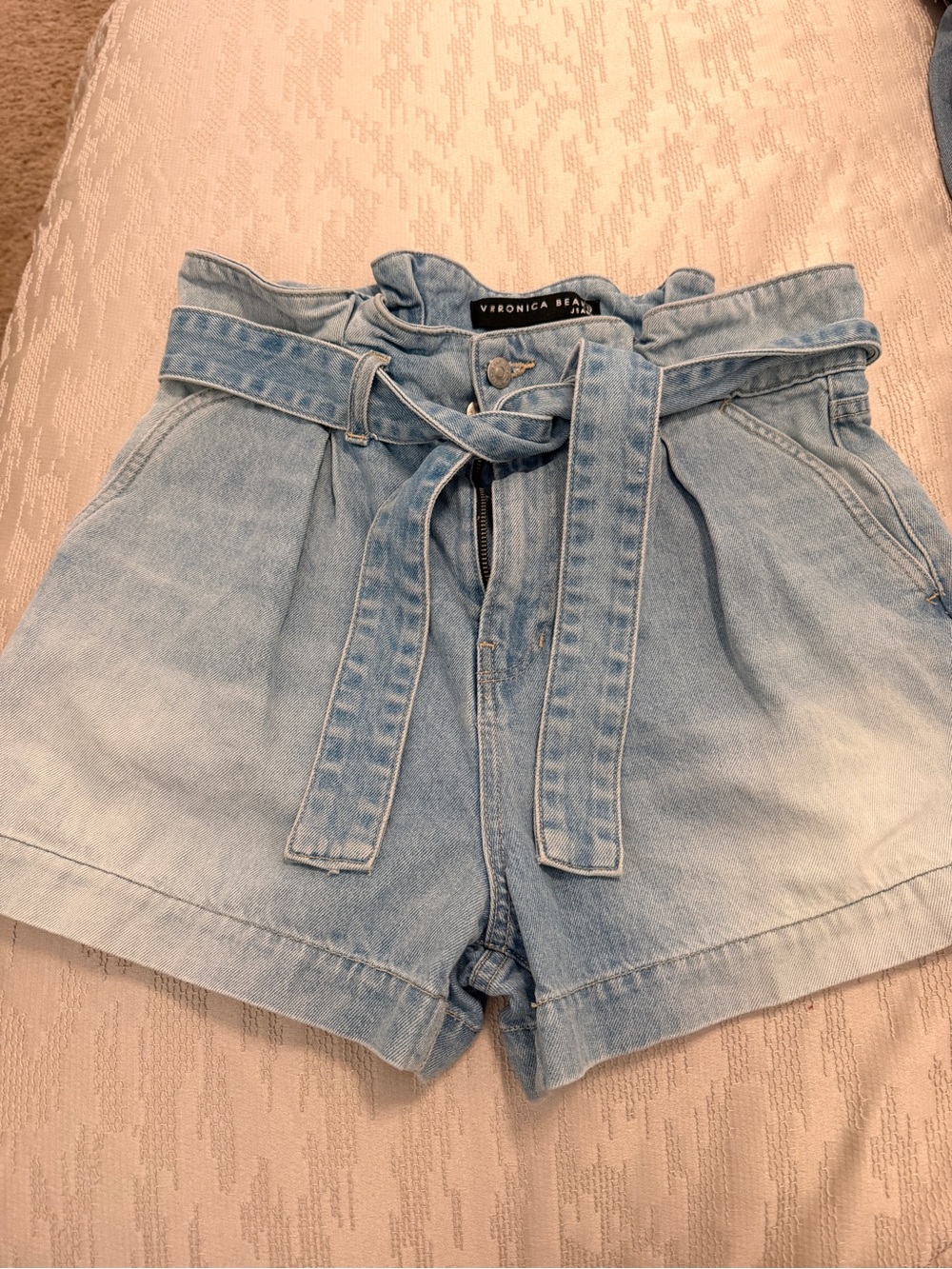 Veronica Beard Light Blue Paperbag Denim Shorts with Belt